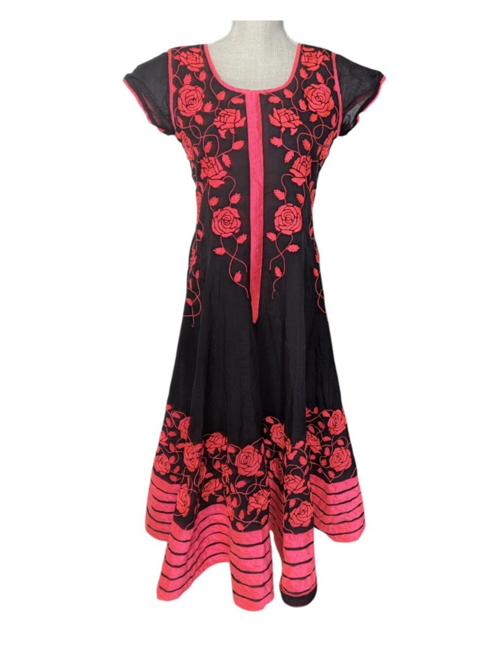 18FIRE Black n Pink Floral Embroidered Twirl Swing Midi Dress